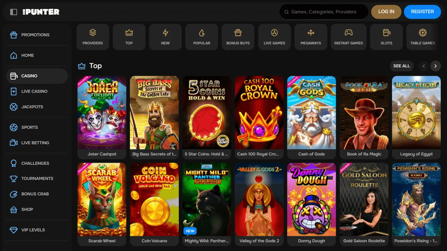 Mrpunter Casino desktop games area with slots, table games and live casino categories