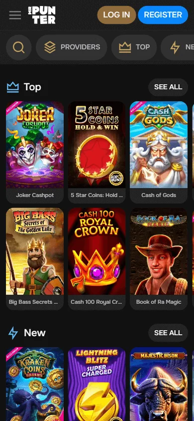 Mrpunter Casino mobile games area with slot and live casino categories