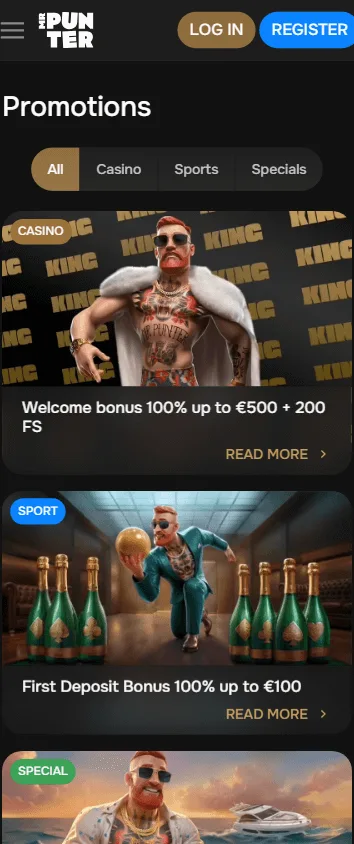 Mrpunter Casino mobile promotions area with welcome bonus and free spins
